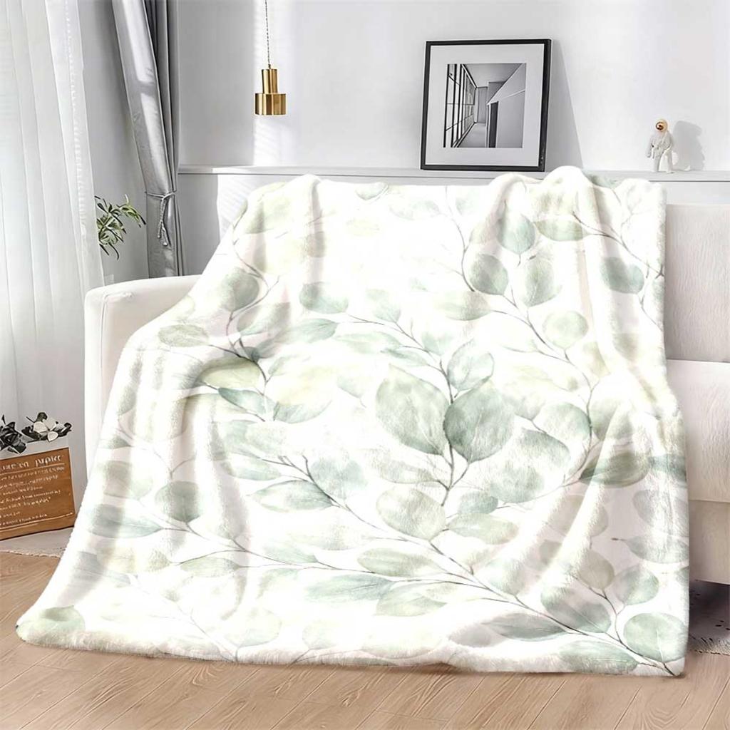 1pc Watercolor Sage Green Leaf Pattern Flannel Blanket - Elegant High-Quality Design, Comfortable for All Seasons, Cozy, Plush, Machine Washable, Idea