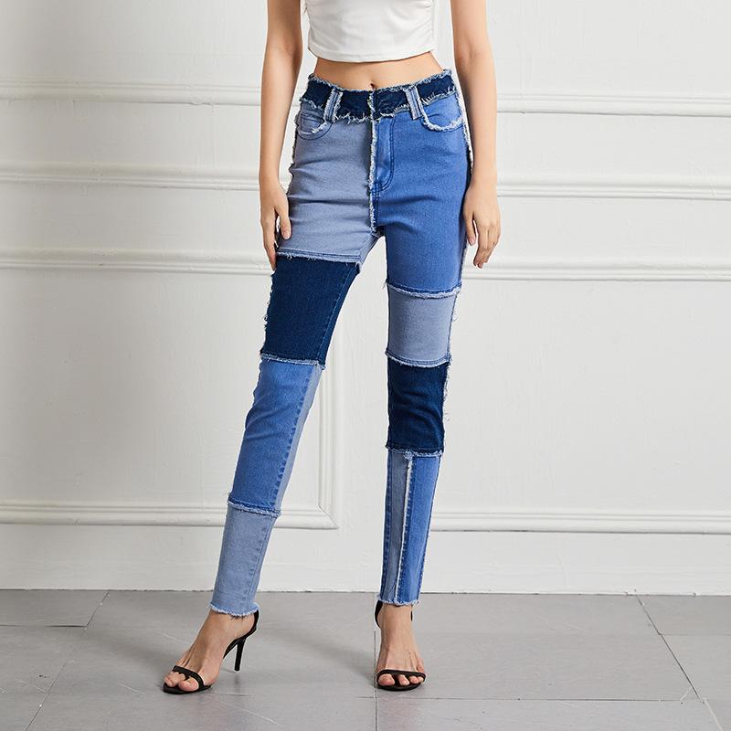 

GMXIA Women s Jeans Slim High Waist High Stretch Small Leg Pants Large Size Pants Raw Edge Splicing M