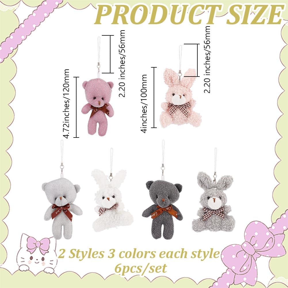 

6 Pcs Bear Rabbit Plush Phone Charm, Shiny Velvet Animal Lanyard Charms with Bownot Mobile Phone Pendants Decorative Cellphone Charms for Bag