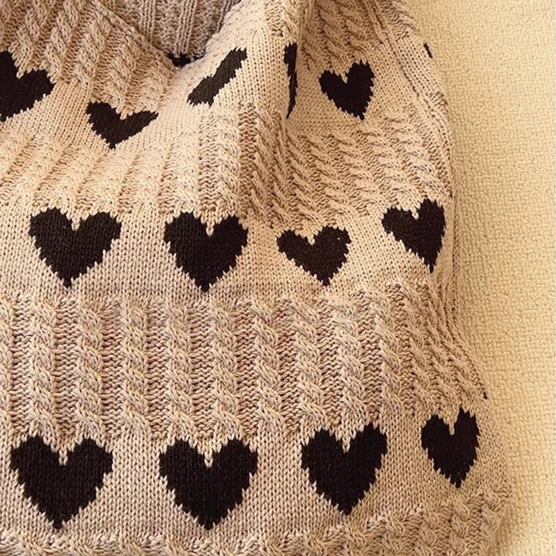 Knitted Love Pattern Tote Bag Stylish Woven Handbag Shoulder Bag for Women Party Work Travel Underarm Bag Outdoor