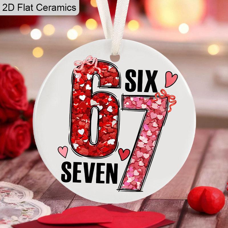 Pink Number '67'Ceramic Ornament, Romantic Valentine’s Day Gift, Christmas Tree Hanging Decor, Backpack Charms,Valentine’s Day Anniversary Keepsake