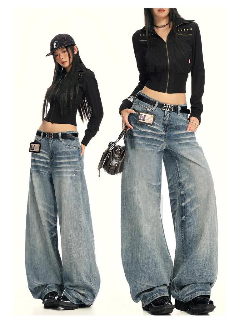 Women's Distressed Embroidered Vintage High-Waist Wide-Leg Jeans - Trendy & Slimming