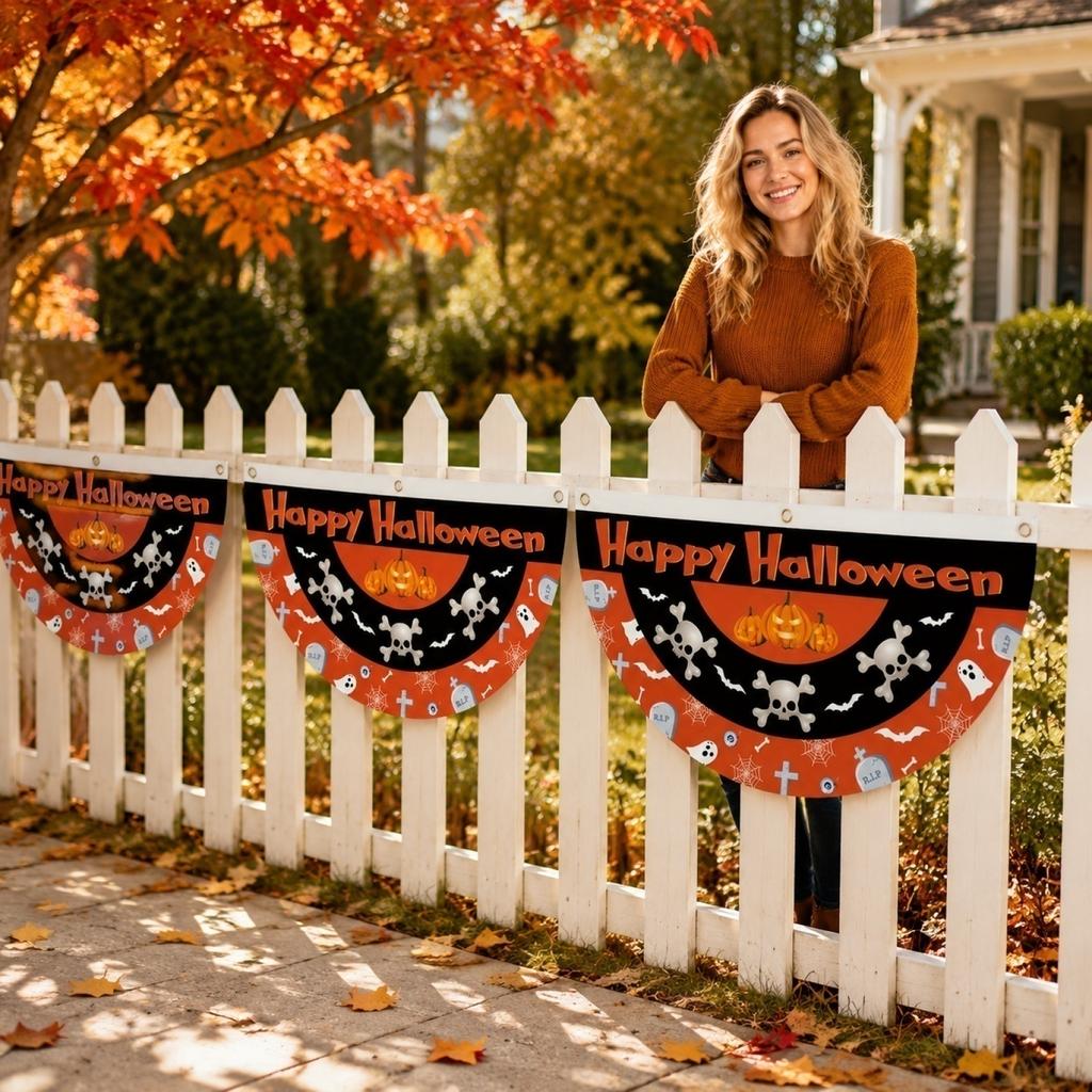 Halloween Pumpkin Half Circle Fan Shaped Banner Outdoor Yard Hanging Decoration Garden Fence Party Setup 45cmx90cm Durable Material