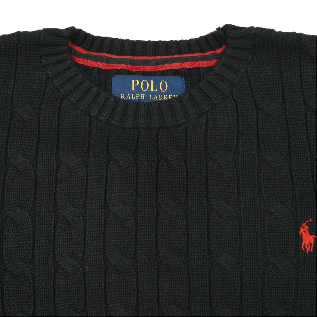 Polo Ralph Lauren Jednobarevný pletený svetr s copánkovým vzorem a kulatým výstřihem Dětský svetr Černý 323702674-061