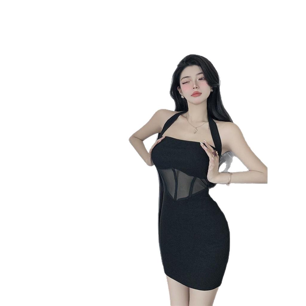 Foreign style one-word shoulder sexy dress women's clothing summer spice girl hanging neck halter tight body hip wrap small black dress short skirt