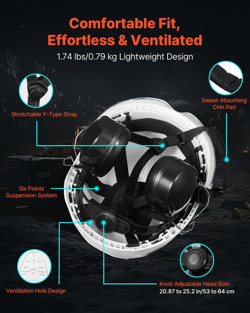 Industrial Safety Helmet, ANSI/ISEA Z89.1 Approved ABS Hard Hat with Visor & Earmuffs, 6-Point Ratchet Suspension, Adjustable Vented Hardhat for Men &