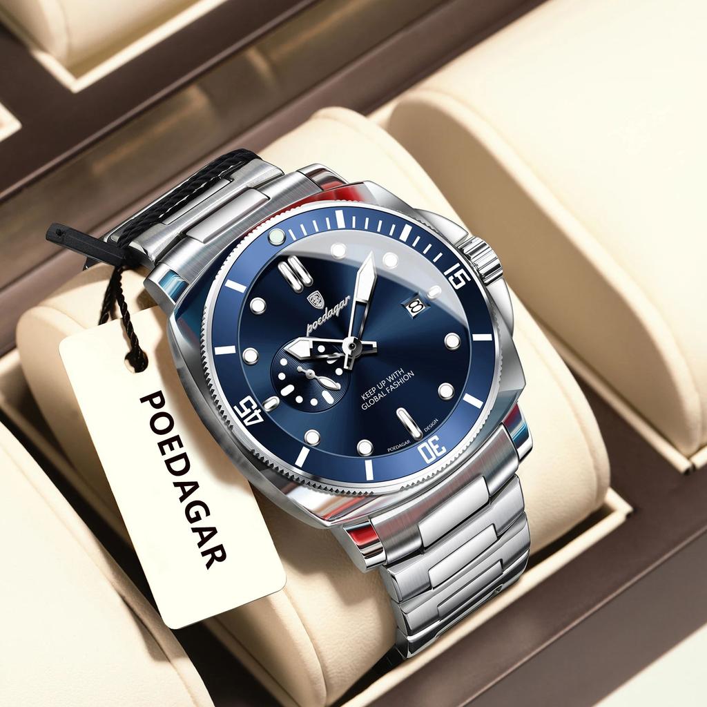 POEDAGAR Top Fashion Luxury Watch For Men Waterproof Luminous Date Men's Watches Stainless Steel Business Quartz Wristwatch