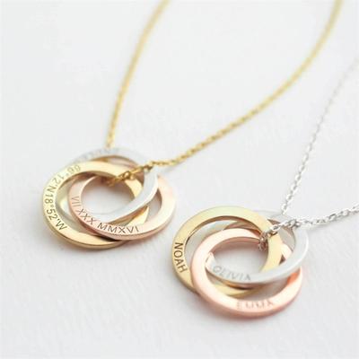 Zero-th Power Jewelry Classic S925 Silver Gold-plated Three Rings Engraved Family Necklace Holiday Gift