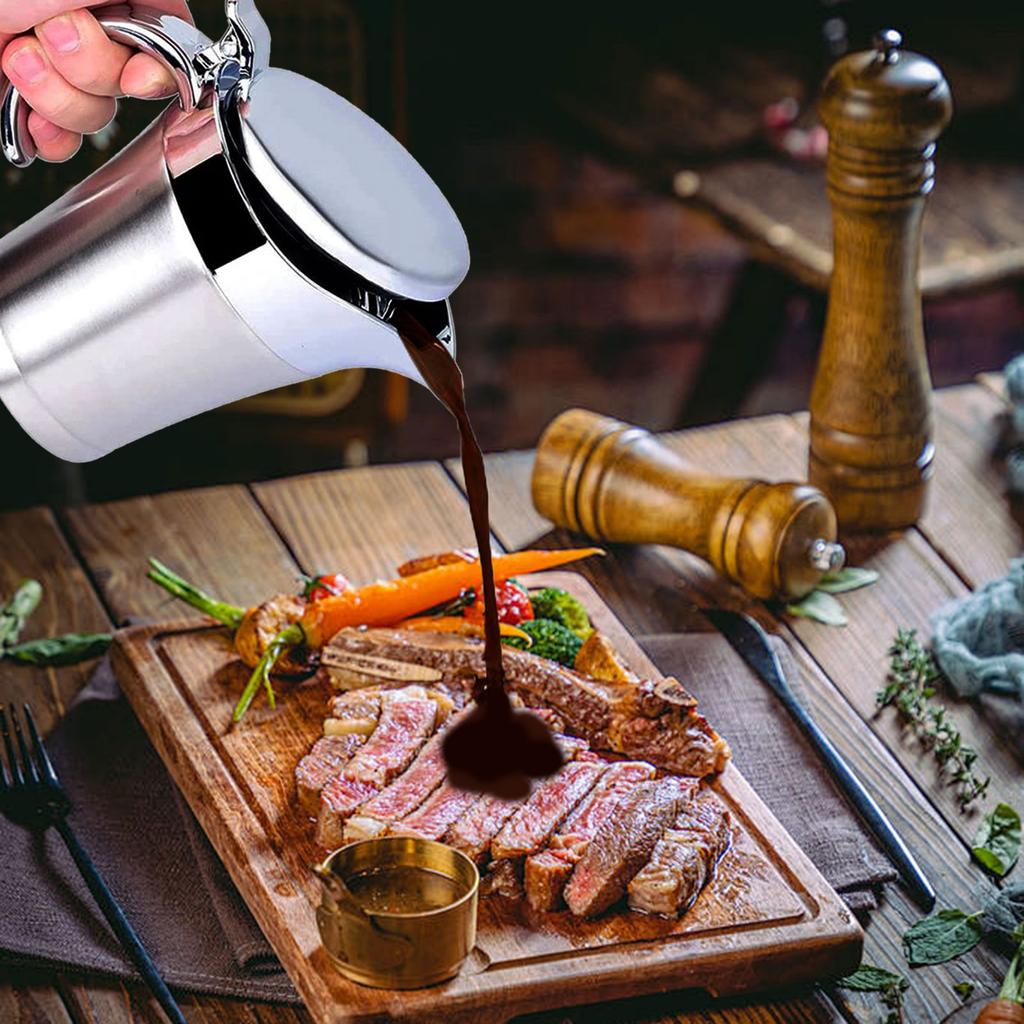 Edelstahl Soßenkännchen mit Klappdeckel Doppelwandig Isoliert Rind Steak Soßentöpfe Metall Saftbecher Küchenwerkzeug