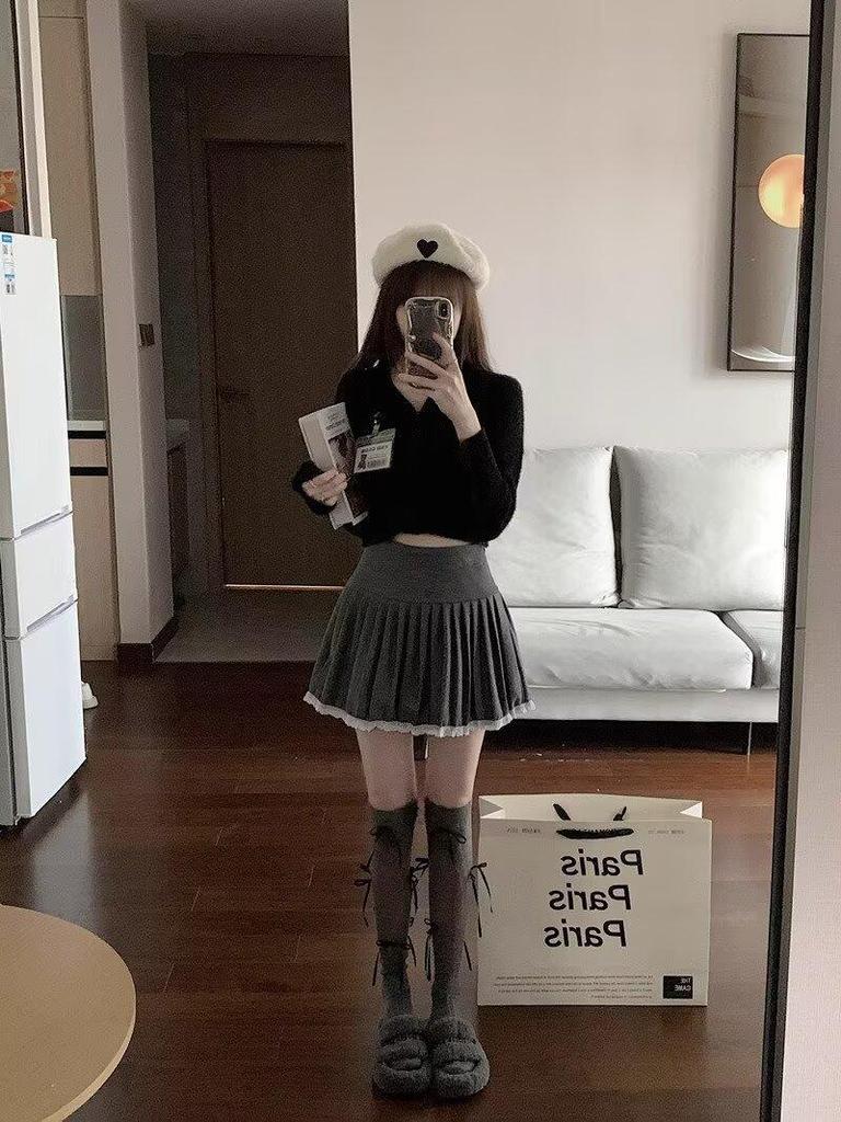 Women's Plus Size Woolen Pleated A-line Skirt with Lace Trim - High Waist Puff Design for Spring & Autumn