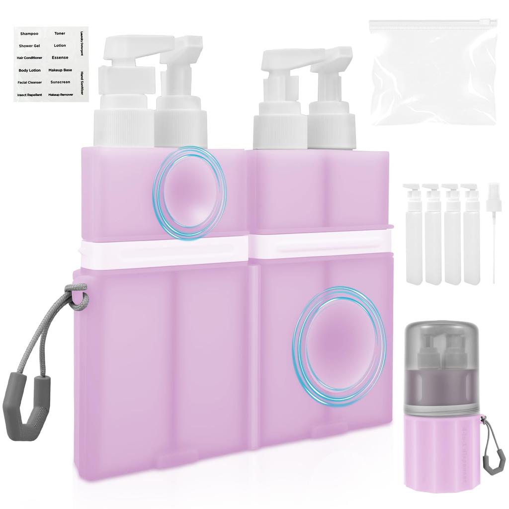 4 In 1 Travel Toiletry Container Refillable Travel Size Toiletries Bottle Set with Suction Cup for Smooth Wall for Shampoo Conditioner Body