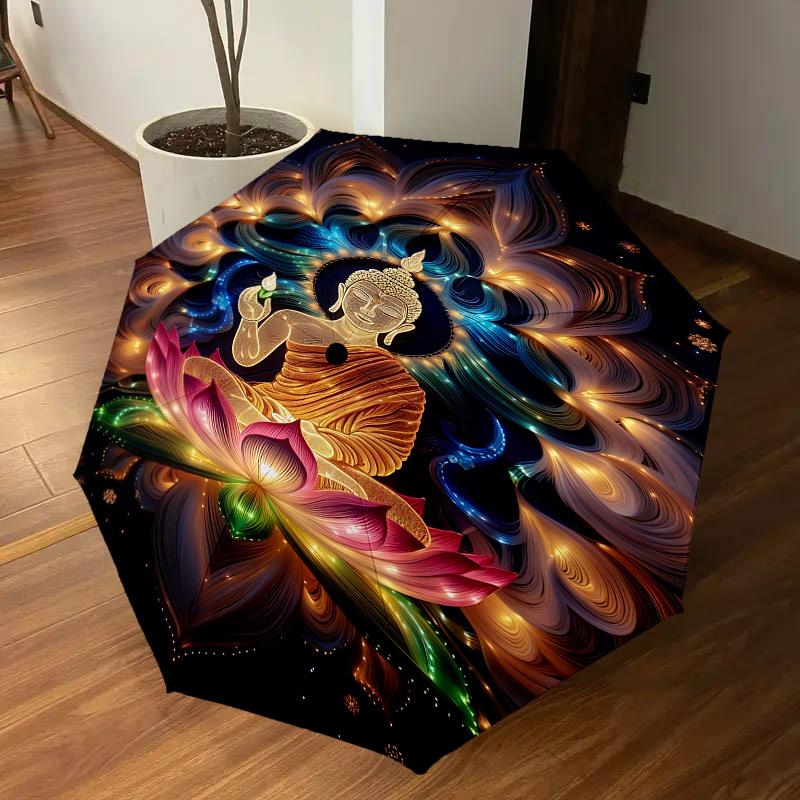 1PC Buddha LotusAutomatic Open/Close Umbrella with Windproof, 8-Rib Sturdy Canopy, Durable Ribs, Fashionable Design, Outdoor Accessory, Fun Prin, Holi