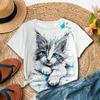Summer Personalized Fashion Blue Eyed Cute Cat Splashed Ink Print Women's Short Sleeved T-shirt