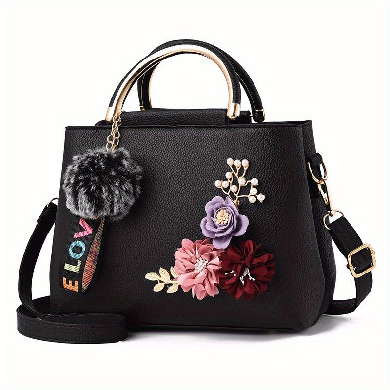3D Flower Decor Handbag, Women's PU Leather Crossbody Bag, Fashion Small Top Handle Purse