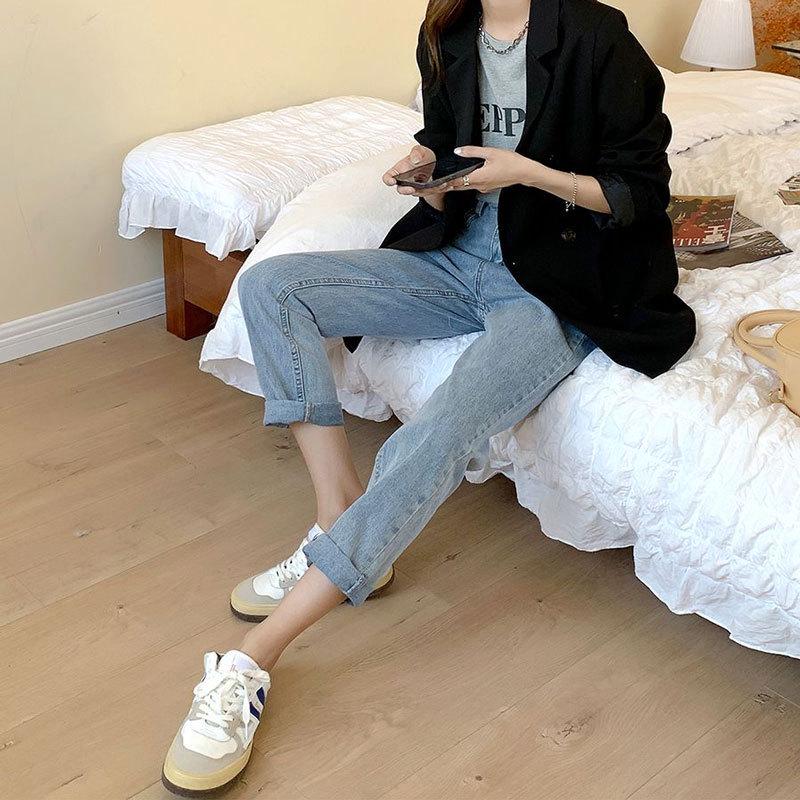 High-waisted Women's Korean Style Loose Casual Cropped Jeans for Spring to Summer