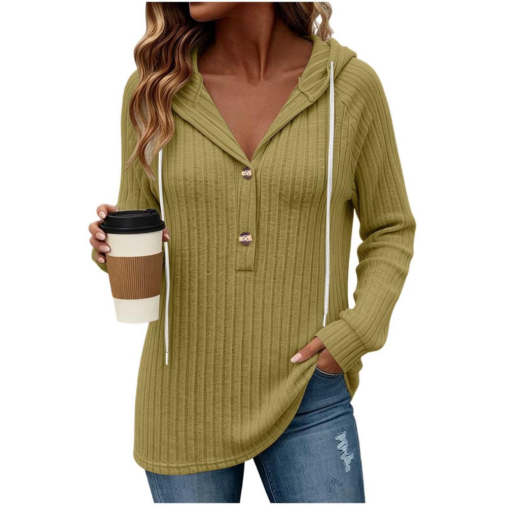 Women's Casual Long Sleeve Hooded V-Neck Loose Fit Top Color