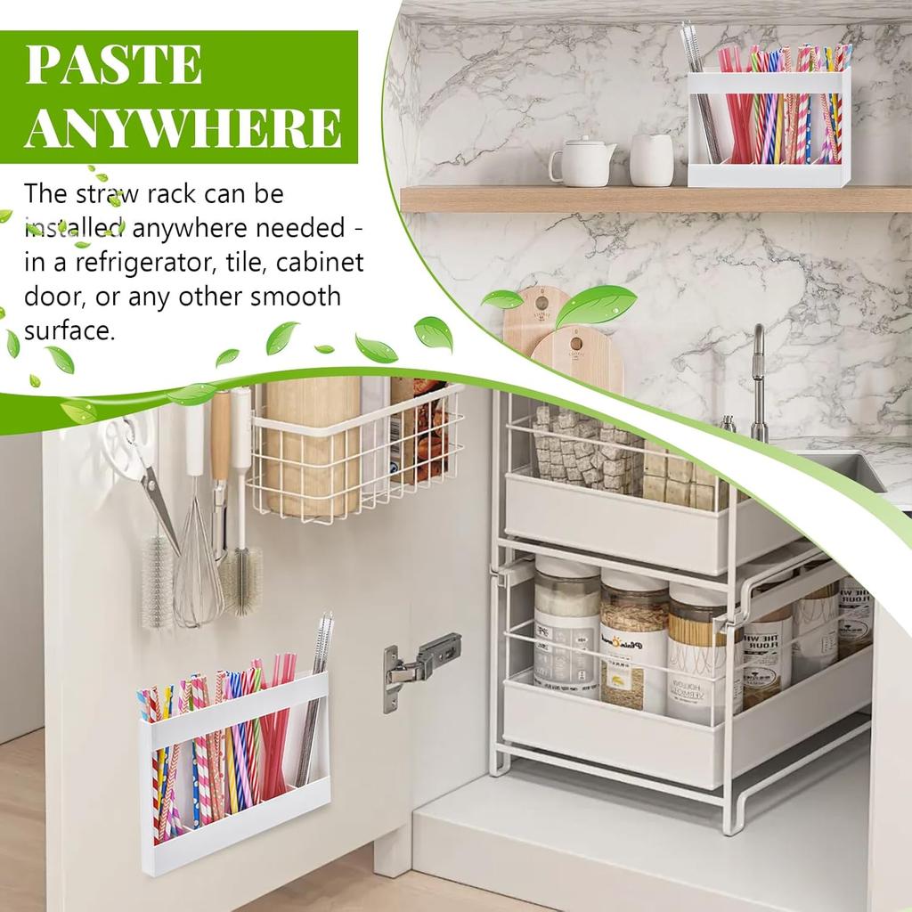 9.5" Acrylic Straw Holder for Cabinet Door, Straw Organizer for Cabinet Door with Double-Sided Tape, Stickers and Cleaning Brush, Reusable Storage