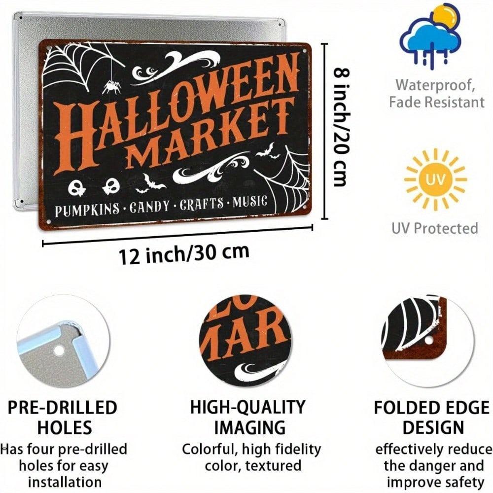 Halloween Tin Sign 8x12in Spooky Witch Pumpkin Ghost Wall Decor, Waterproof, UV Protected, Pre-Drilled Holes