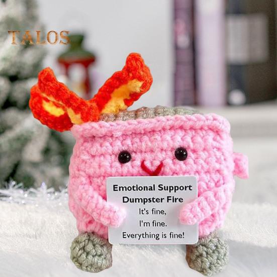 2Pcs Positive Crochet Flame Dumpster with Encouraging Card Emotional Support Handmade Knitting Trash Can Doll Decoration Ornament