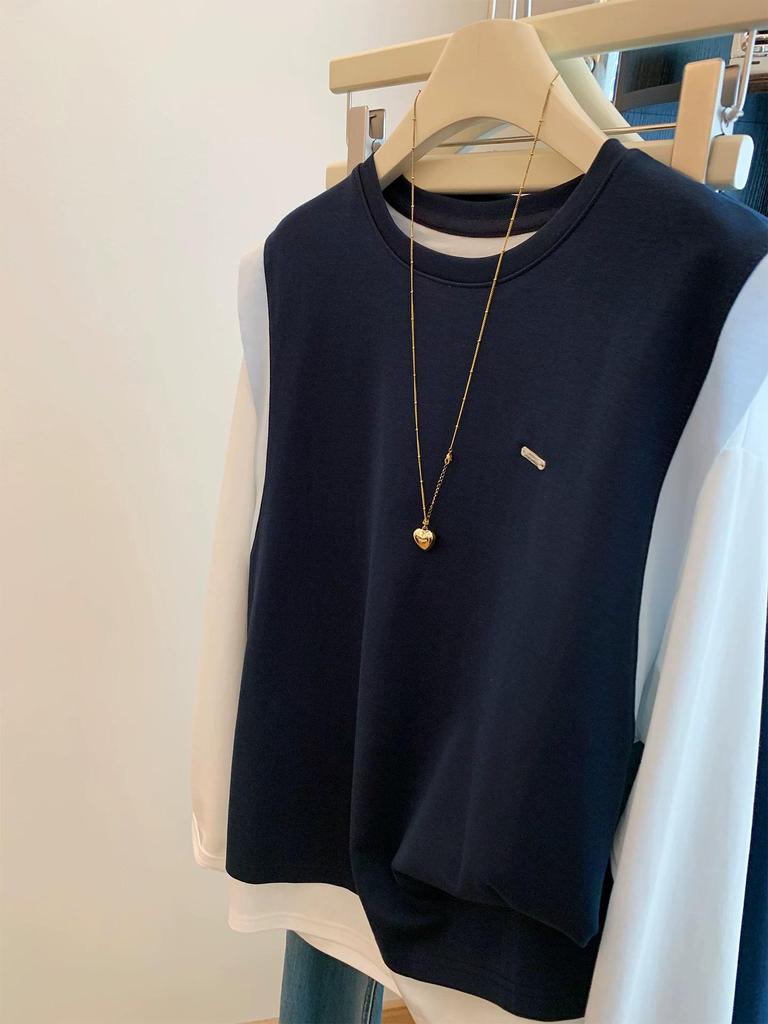 Women's Retro Color Block Long Sleeve Fake Two-Piece Top - Autumn/Winter Loose Fit