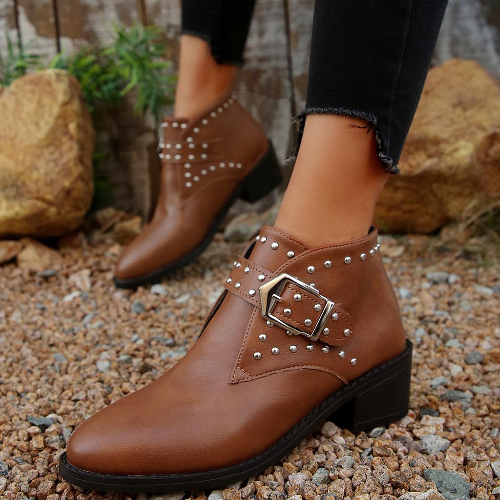 Women's Studded Buckle Ankle Boots Trendy Casual Martin Boots