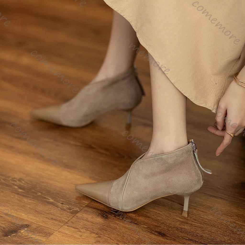 Fashion Comemore Suede High-heeled Boots Spring Autumn Women Shoes Solid Elegant Pointed Toe Splicing Retro Heeled Ankle Boots for Women