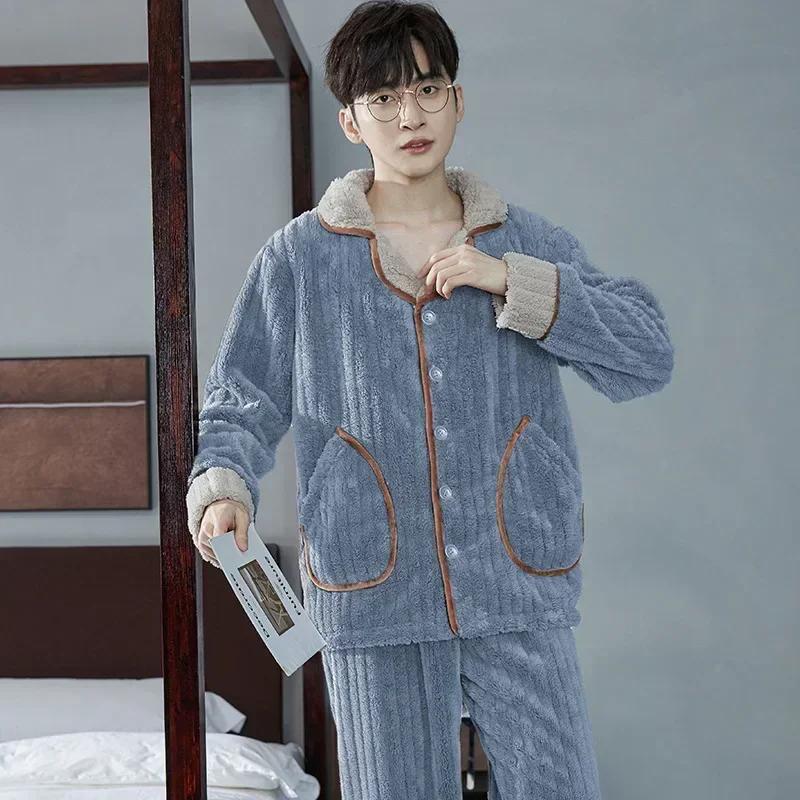 Men's Thicken Warm Pajamas Sets Flannel 2 Piece Sets Sleepwear Male Autumn Winter Home Suit Soft Nightwear Pijama Loungewer