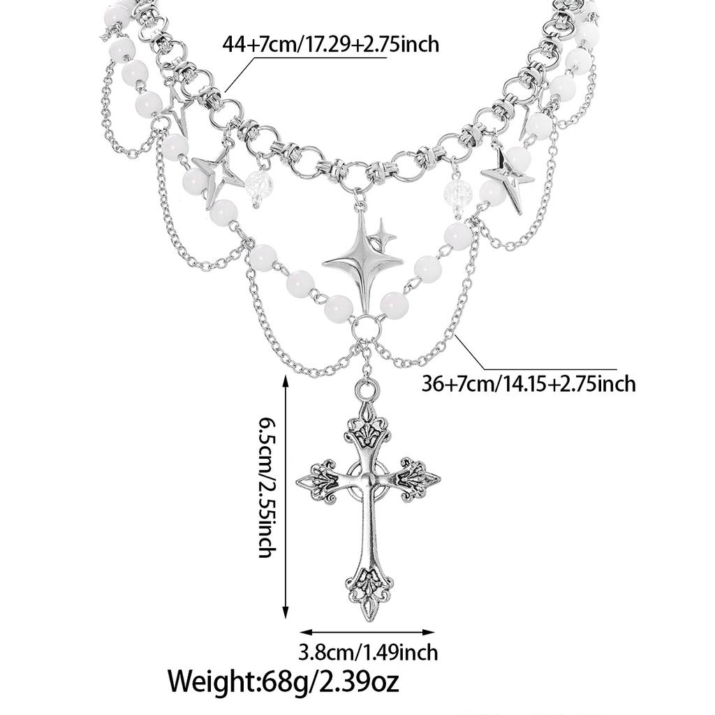 2-teilige Mode Retro Spitze Kreuz Anhänger Halskette Doppellagig Stern Fransen Perle Damen Choker Halskette