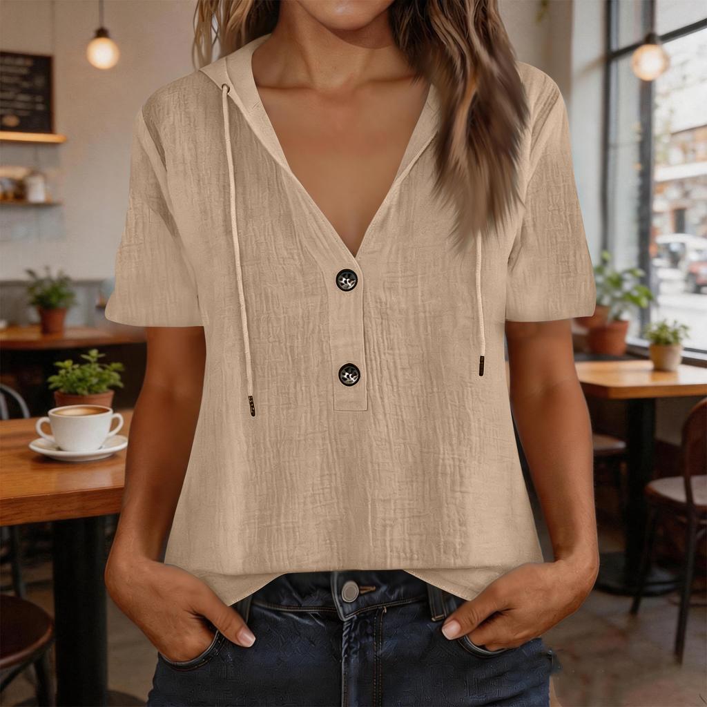 Women Casual Cotton Hooded Pullover Shirt Short Sleeve Drawstring V Neck Button Front Lightweight Blouse