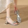 Sommer neue Märchenstil dicker Absatz mit Schnalle silberne Strass-Sandalen Damen Schleife High Heels