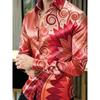 2026 New Men's Luxury Satin Shirt Geometric Color Block Printed Cuffs Long Sleeve Collar Button Shirt Wedding Men's Top