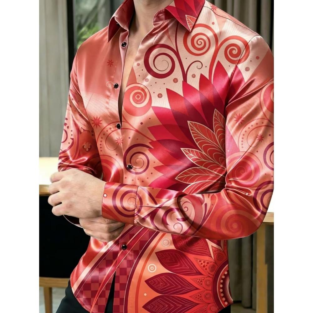 2026 New Men's Luxury Satin Shirt Geometric Color Block Printed Cuffs Long Sleeve Collar Button Shirt Wedding Men's Top