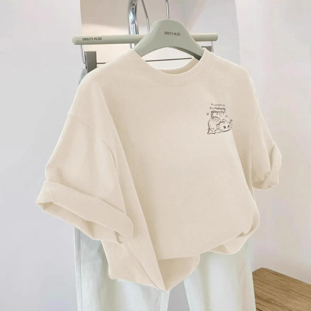 Women's Cute Cartoon Embroidered T-Shirt Rolled Short Sleeve Oversized Casual Top
