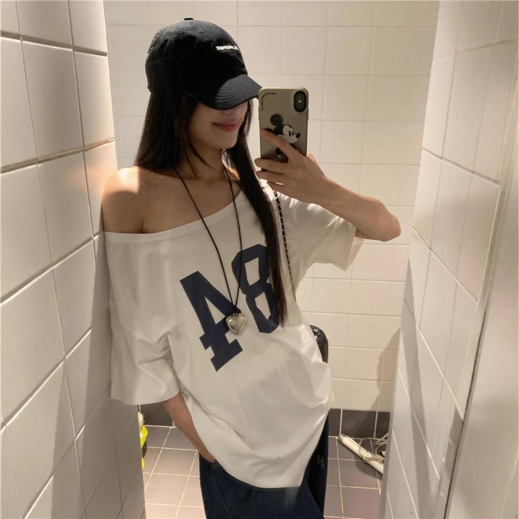 Design Sense Letter Printing Off-shoulder T-shirt Women's Summer New Casual Loose Medium and Long Student Top Women
