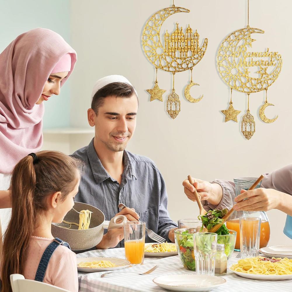 2pcs Wood Ramadan Decoration Islamic Moon & Hollow Star Wall Signs For Front Door Home Party Supplies