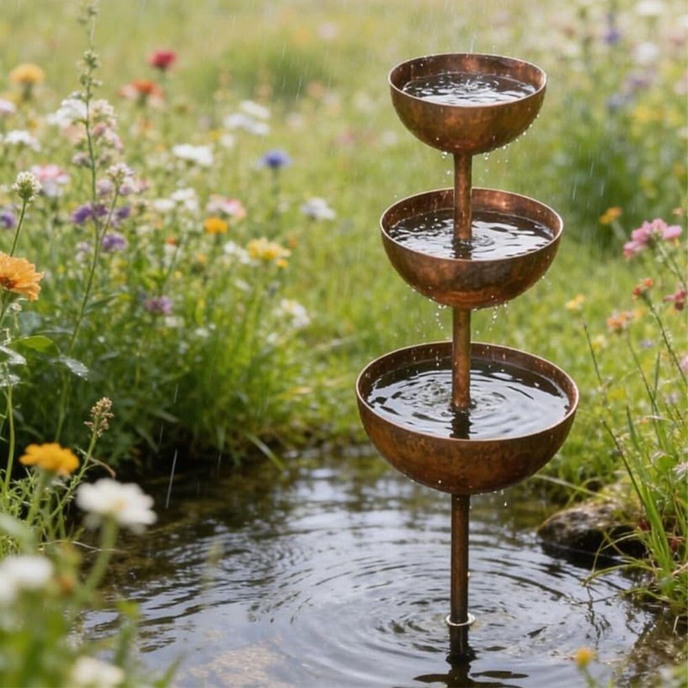3-Tier Bowl Bird Water Dispenser Vintage Iron Garden Rain Catcher Courtyard Decor
