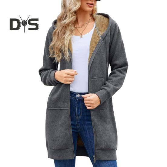 Damen Winter Hoodie Verdickte, mit Plüsch gefütterte, langärmlige Oberbekleidung Mittellanger, einfarbiger Kordelzug-Reißverschlussmantel für den täglichen Arbeitsweg