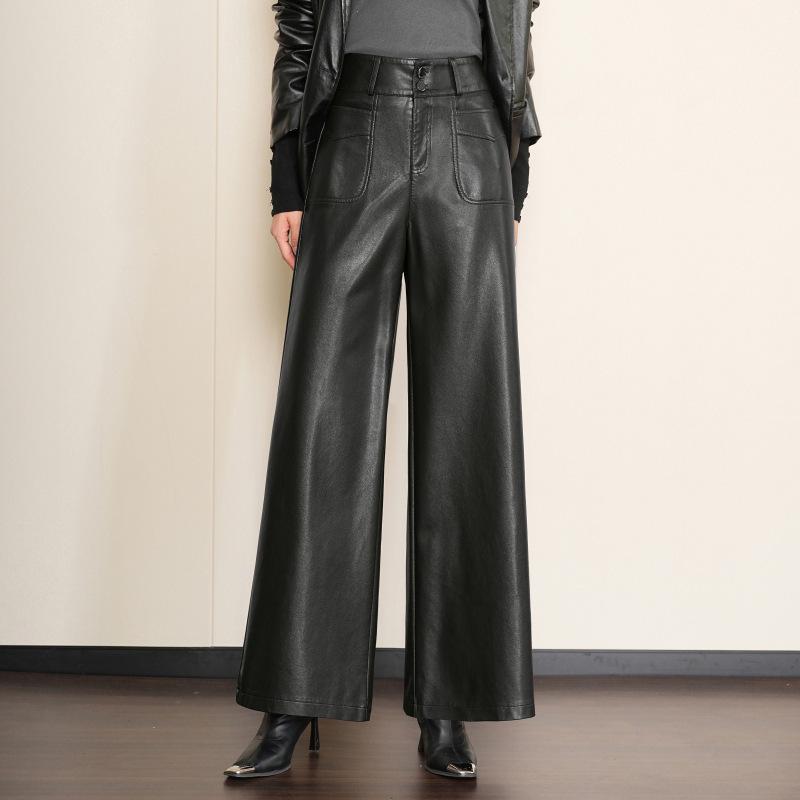 Chic Women's High-Waisted Lambskin Wide-Leg Pants - 2025 Autumn/Winter Slimming Casual Fit