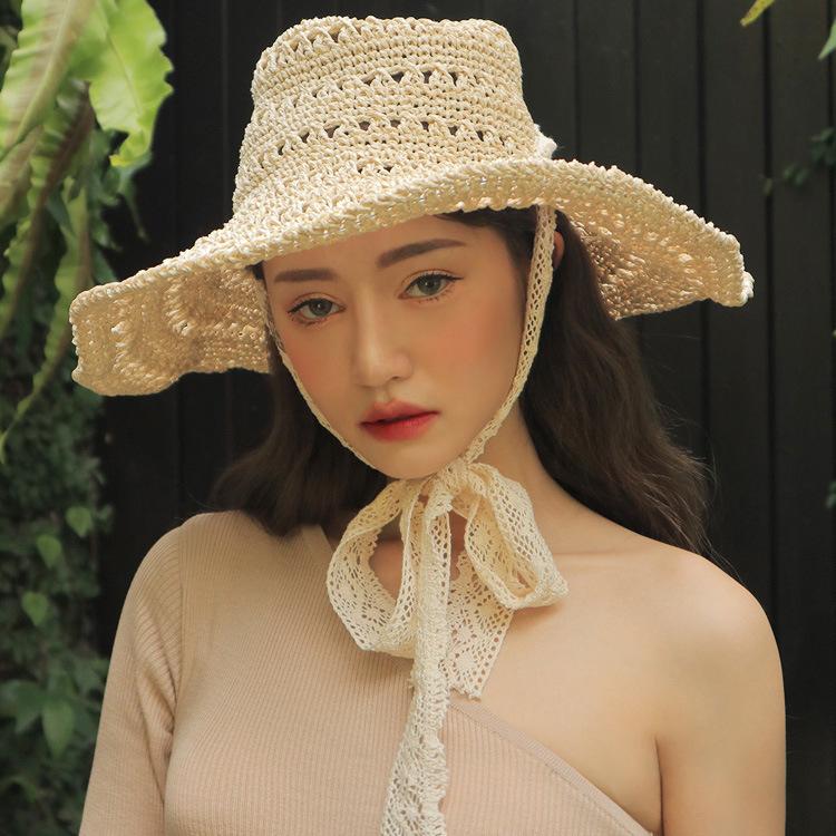 Versatile Style Hat Straw Woven Hollow Lace Strap Womens Sunshade Hatscaps