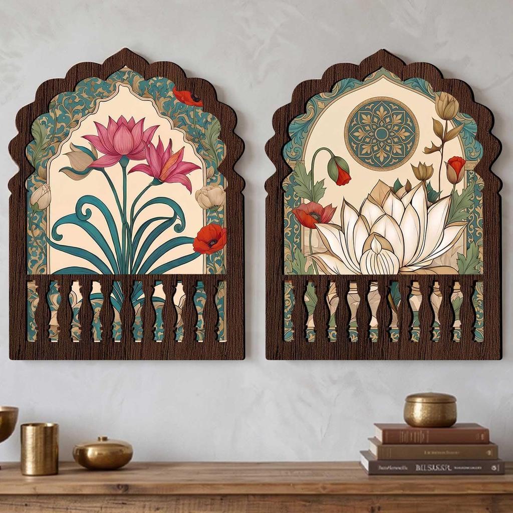 Jharokha Wall Decor Set of 2 | Traditional Indian Jharokha with Lotus & Floral Artwork | Rajasthani Ethnic Decorative Wall Hanging
