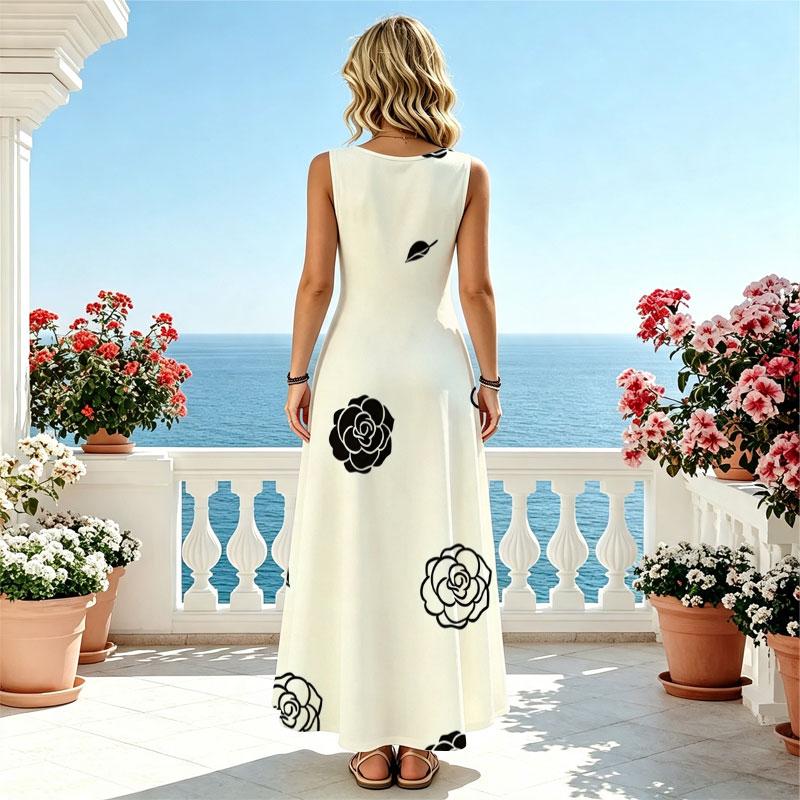 Floral Sleeveless Maxi Dress Floor Length,Flowy Skirt,Comfortable Fabric,Elegant Simple Design for Beach Vacation,Daily Wear & Travel Photos