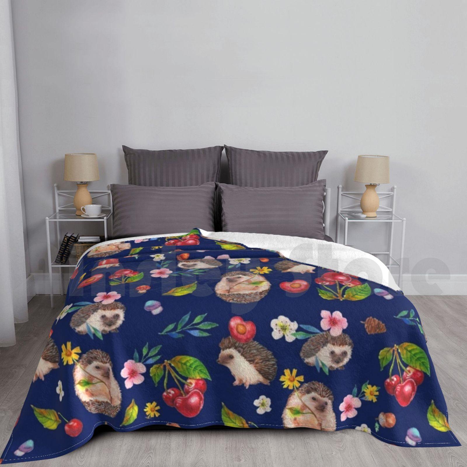 Blanket Hedgehog With Cherries 766 Hedgehog Watercolor Plant Forest Animal Autumn Background Size: 75*100cm, Weight: 230 GSM