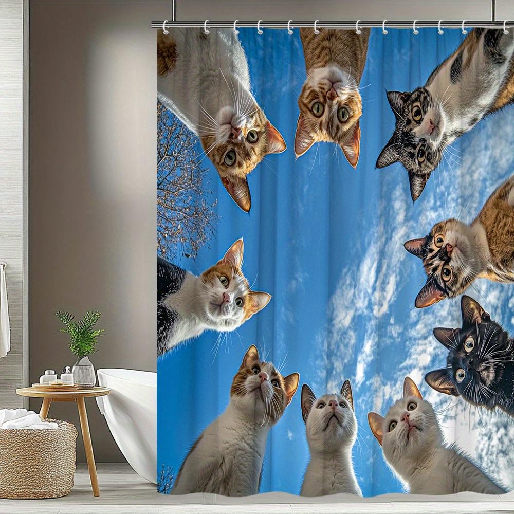 1 Stück. Süße Katze Himmel Kreatives Muster Duschvorhang, Badezimmer Dekoration, Polyesterstoff, mit 12 Haken, 70. 8X70. 8 Zoll