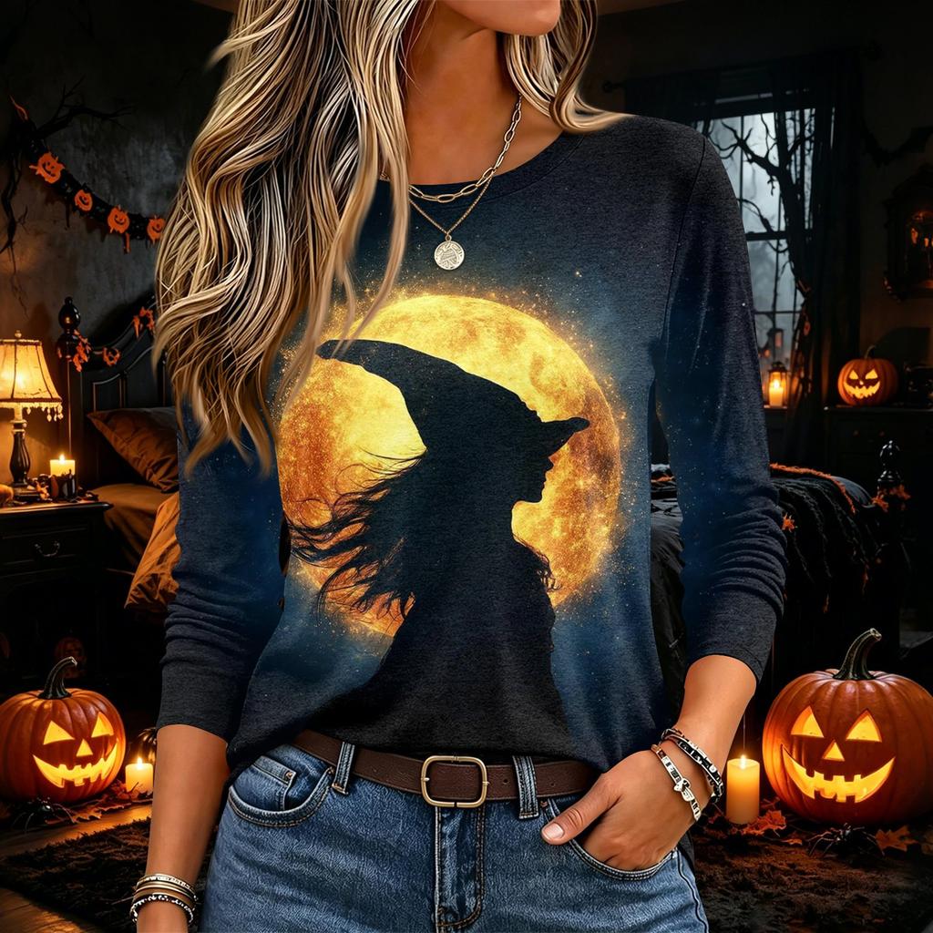 Women's Halloween Printed Neck Long Sleeve Pullover Top