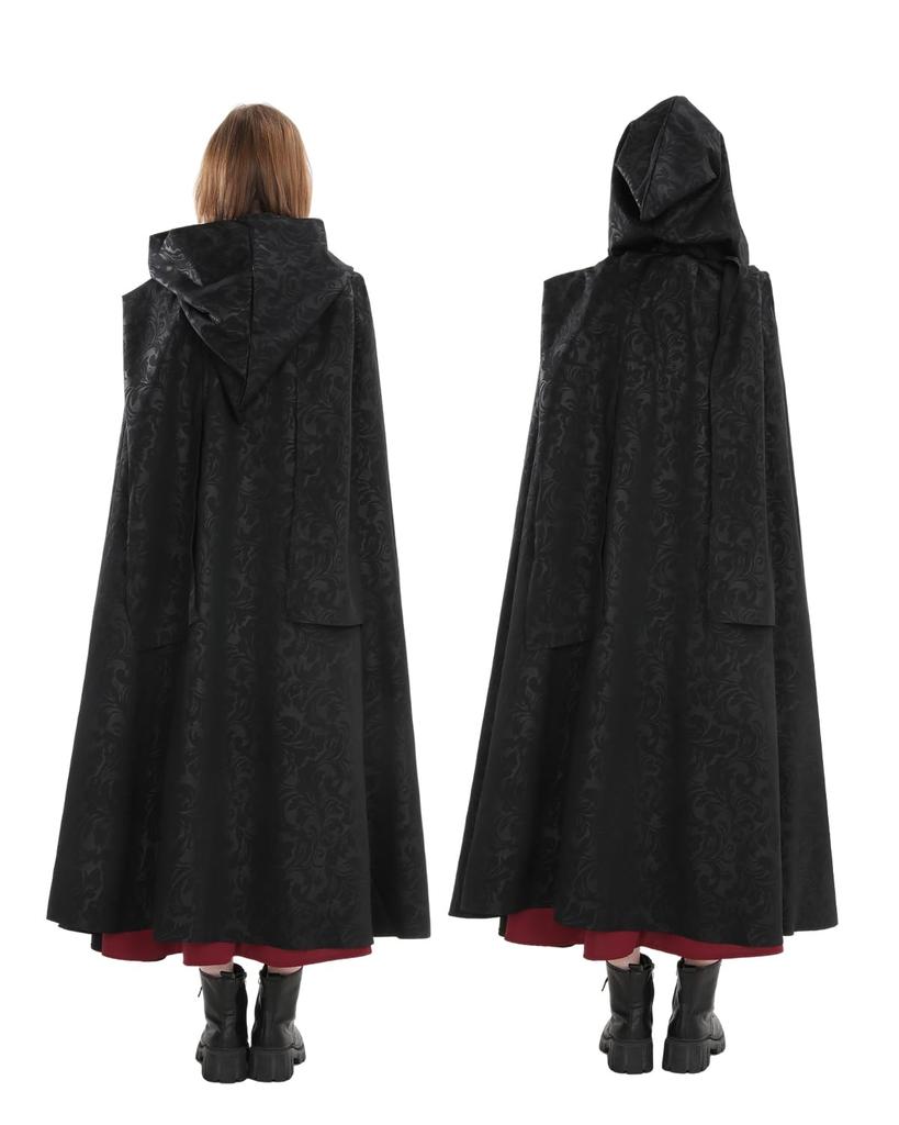 [God-Quality Product] Mysterious and Majestic Gothic-Style Hooded Long Cape with Dark Fabric for Halloween Cosplay (Black, Small)