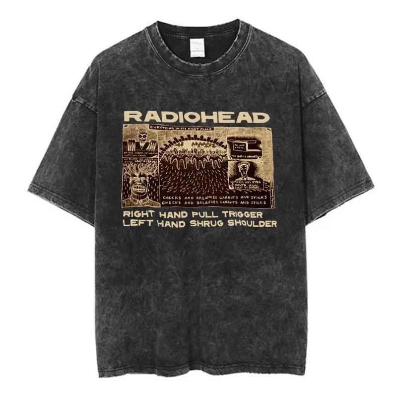 Radiohead OK Computer Vintage Washed TShirt British Rock Band Unisex Hip Hop Streetwear Pure Cotton Fashion Casual Short Sleeve