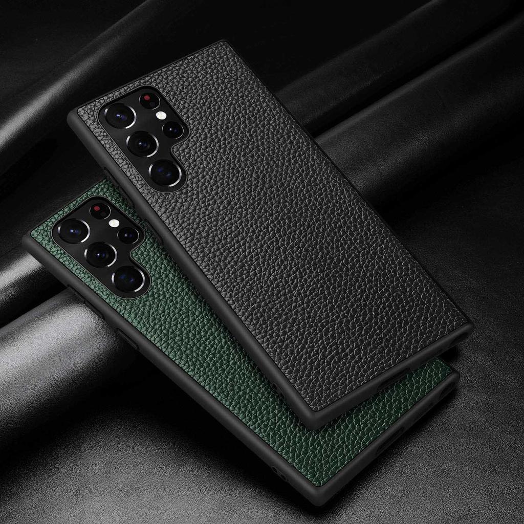 For Samsung Galaxy S25 Ultra Case Litchi Texture Genuine Leather Coated PC + TPU Phone Back Cover