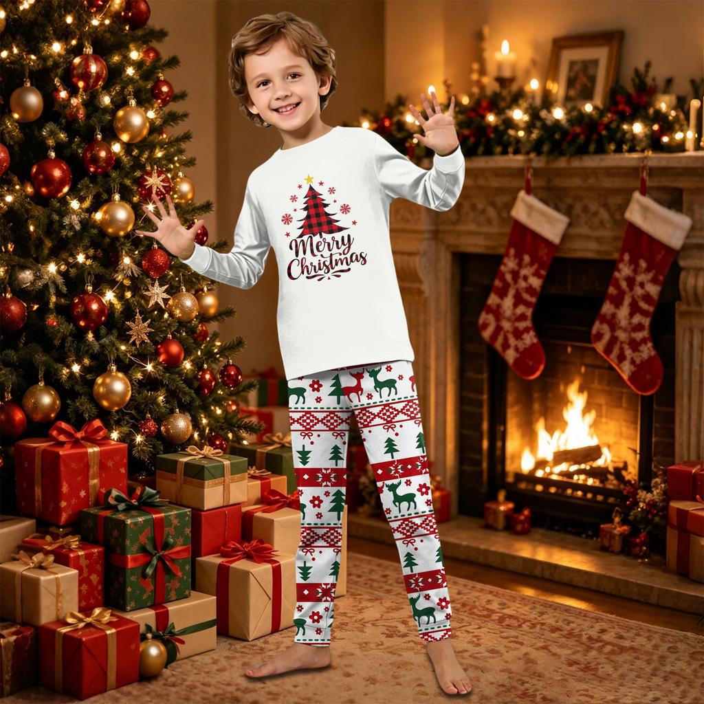 Family Matching Christmas Print Neck Long Sleeve Top and Pants Pajama Set