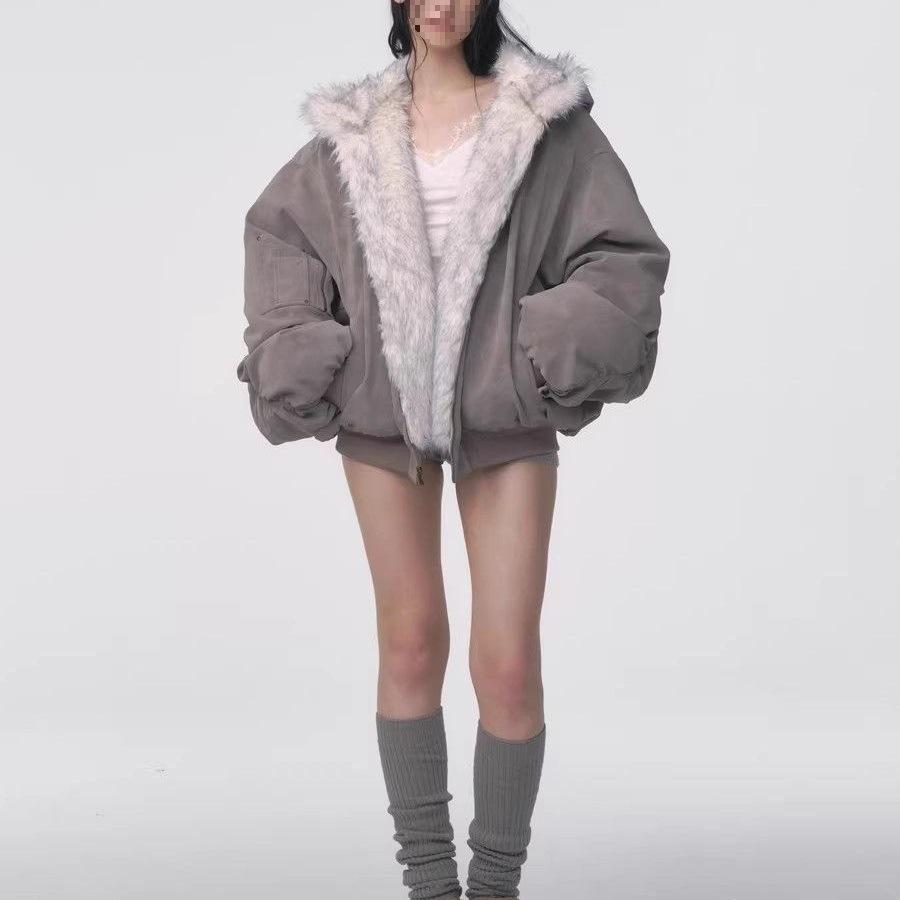 Winter Retro Fur Coat Women Padded Hooded Cotton-Padded Jacket Plush Casual Street Gothic Harajuku Oversize Coat