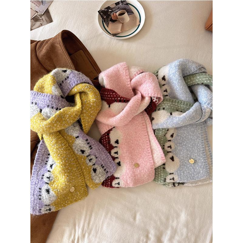 Cute Lamb Jacquard Knitted Scarf for Female Autumn and Winter Fashion Simplicity Students Knitted Warm and Cold Resistant Scarf